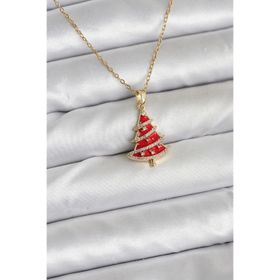 Clariss 316L Çelik Zincir Gold Renk Kırmızı Çam Ağacı Model Yılbaşı Temalı Kadın Kolye