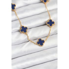 Clariss 316L Çelik Zincir Gold Renk Lacivert Yonca Kadın Kolye