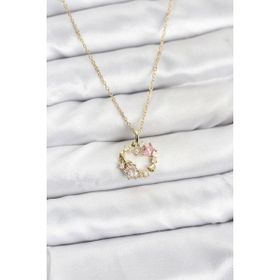 Clariss 316L Çelik Zincir Gold Renk Pembe Taş Detaylı Çelenk Model Kadın Kolye
