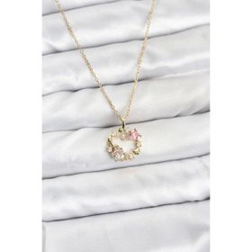 Clariss 316L Çelik Zincir Gold Renk Pembe Taş Detaylı Çelenk Model Kadın Kolye