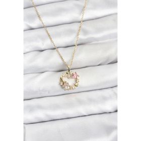 Clariss 316L Çelik Zincir Gold Renk Pembe Taş Detaylı Çelenk Model Kadın Kolye