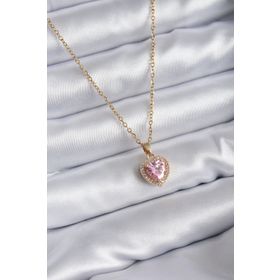 Clariss 316L Çelik Zincir Gold Renk Pembe Zirkon Taş Kalp Model Charm Kadın Kolye