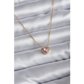 Clariss 316L Çelik Zincir Gold Renk Pembe Zirkon Taşlı Charm Kadın Kolye