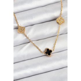 Clariss 316L Çelik Zincir Gold Renk Siyah ve Zirkon Taşlı Baby Boy Yonca Kadın Kolye