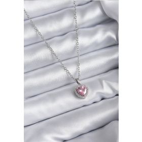 Clariss 316L Çelik Zincir Gümüş Renk Pembe Zirkon Taş Charm Model Kadın Kolye