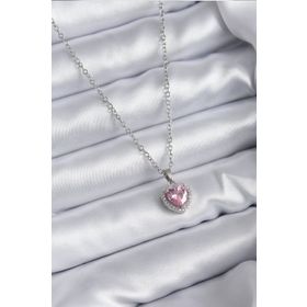 Clariss 316L Çelik Zincir Gümüş Renk Pembe Zirkon Taş Charm Model Kadın Kolye