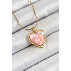 Clariss 316L Çelik Zincir Pembe Sanatsal Portre İnci Detaylı Papatya Figürlü Kalp Model Gold Renk Kadın Kolye