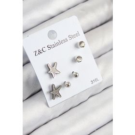 Clariss 316L Çelik Zirkon Taşlı Deniz Yıldızı Model Gümüş Renk Kadın Set Küpe