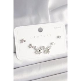 Clariss 925 Ayar Gümüş Çivi Pirinç Gümüş Renk Zirkon Taşlı Kelebek Model Kadın Küpe Seti