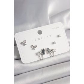 Clariss 925 Ayar Gümüş Çivi Pirinç Gümüş Renk Zirkon Taşlı Kelebek Model Kadın Küpe Seti