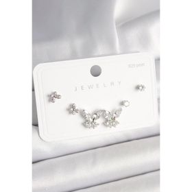 Clariss 925 Ayar Gümüş Çivi Pirinç Gümüş Renk Zirkon Taşlı Kelebek Model Kadın Küpe Seti