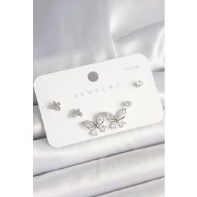 Clariss 925 Ayar Gümüş Çivi Pirinç Gümüş Renk Zirkon Taşlı Kelebek Model Kadın Küpe Seti