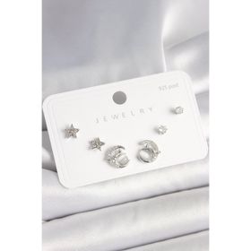 Clariss 925 Ayar Gümüş Çivi Zirkon Taşlı Hilal Yıldız Model Kadın Küpe Seti