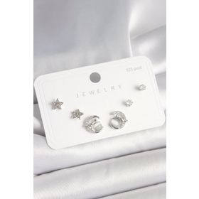 Clariss 925 Ayar Gümüş Çivi Zirkon Taşlı Hilal Yıldız Model Kadın Küpe Seti