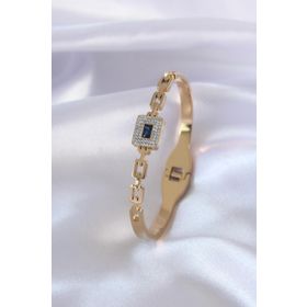 Clariss BJ-BB5033 316L Çelik Gold Renk Kare Zincir Model Mavi Kristal Taş Detay Zirkon Taşlı Kadın Kelepçe