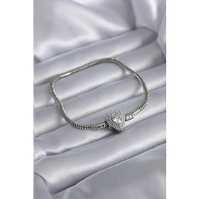 Clariss BJ-BB5522 Gümüş Renk Zirkon Taşlı Kalp Charm Model Pirinç Kadın Bileklik