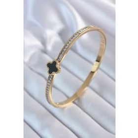 Clariss BJ-BB5702 316L Çelik Gold Renk Zirkon Taşlı Siyah Yonca Model Kadın Kolye