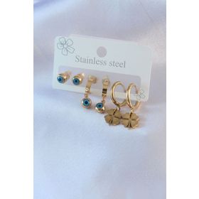 Clariss BJ-BKP7715 316L Çelik Gold Renk Yonca Model Nazar Boncuk Detay Kadın Küpe Seti