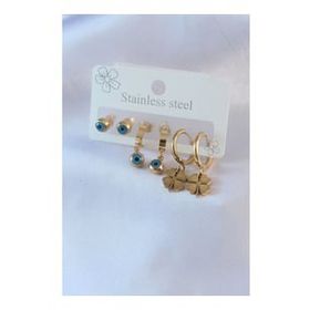 Clariss BJ-BKP7715 316L Çelik Gold Renk Yonca Model Nazar Boncuk Detay Kadın Küpe Seti