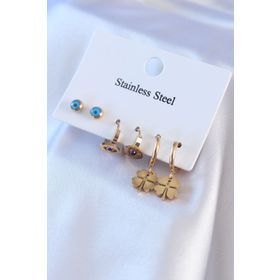Clariss BJ-BKP7716 316L Çelik Gold Renk Yonca Model Nazar Boncuk Detay Kadın Küpe Seti