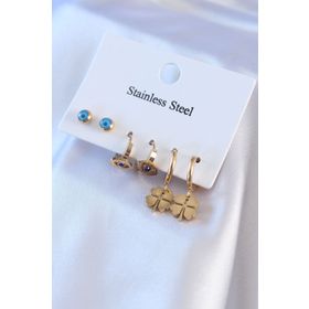 Clariss BJ-BKP7716 316L Çelik Gold Renk Yonca Model Nazar Boncuk Detay Kadın Küpe Seti