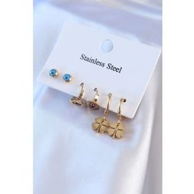 Clariss BJ-BKP7716 316L Çelik Gold Renk Yonca Model Nazar Boncuk Detay Kadın Küpe Seti