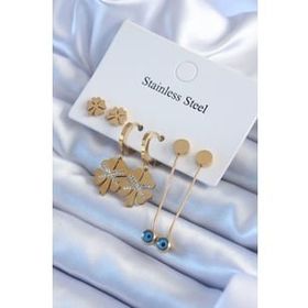 Clariss BJ-BKP7720 316L Çelik Gold Renk Zirkon Taşlı Yonca Figür Salanttı Nazar Boncuk Model Kadın Küpe Seti