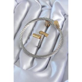 Clariss EBJ240601W24418 316L Çelik Gümüş Renk Gold Detay Sarmal Model Erkek Bileklik Yüzük Kombini