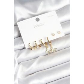 Clariss Gold Renk Pirinç Kelebek Model 925 Ayar Gümüş Çivili Kadın Küpe Seti