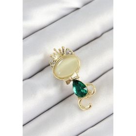 Clariss Yeşil Damla Zirkon Taşlı Kraliçe Taçlı Kedi Figürlü Gold Renk Kadın Broş