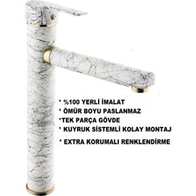 Class Armatür Çanak Beyaz Mermer Altın Parçalı Lavabo Bataryası