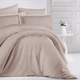 Clasy Çizgili Saten Cappuccino Çift Kişilik Nevresim Takımı