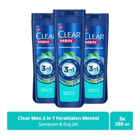 Clear Men 3in1 Ferahlatıcı Mentol 3x350 ml Şampuan ve Duş Jeli