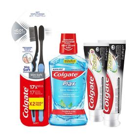 Colgate 2x50 ml Total Pro Kömür Diş Macunu + 2 Adet Siyah Slim Soft Diş Fırçası + 500 ml Plax Nane Ferahlığı Ağız Bakım Suyu