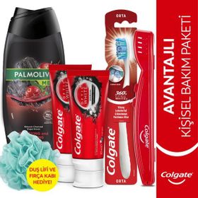 Colgate Diş Macunu 2x50 ml Orta Diş Fırçası, Palmolive Men Erkek Duş Jeli 500 ml + Duş Lifi Fırça Kabı