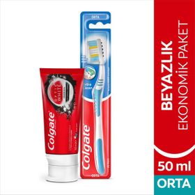 Colgate Optic White Aktif Kömür Diş Macunu 50 ml + Extra Clean Orta Diş Fırçası