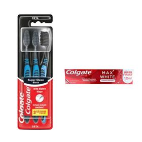 Colgate Süper Clean Black Orta Diş Fırça + 3x125 ml White Görünür Beyazlık Diş Macunu