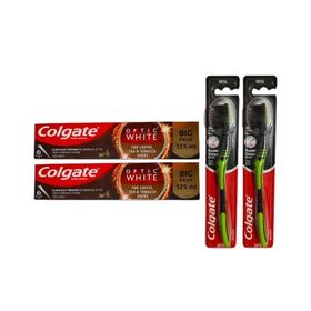 Colgate Süper Clean Black Orta Diş Fırçası Optic White Aktif Kömür Beyazlatıcı 2x125 ml Diş Macunu