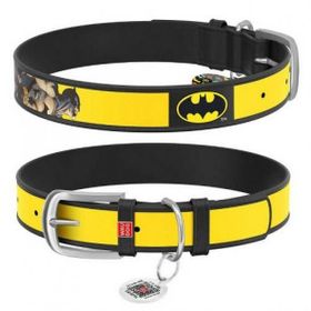 Collar Waudog Siyah 29-38 cm/20 mm Batman 2 Desenli ve QR Pasaportlu Köpek Deri Boyun Tasması