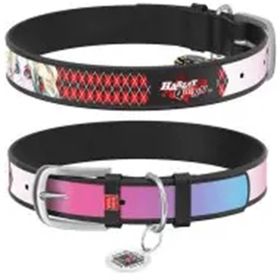 Collar Waudog Siyah 29-38 cm/20 mm Joker Desenli ve QR Pasaportlu Köpek Deri Boyun Tasması