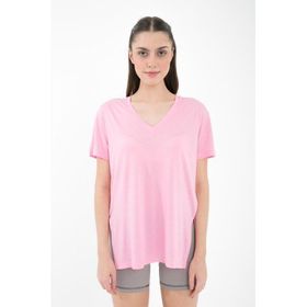 Comm-Ci Boel V Yaka Kısa Kollu Yandan Yırtmaçlı Pembe Kadın T-shirt