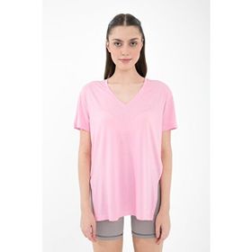 Comm-Ci Boel V Yaka Kısa Kollu Yandan Yırtmaçlı Pembe Kadın T-shirt