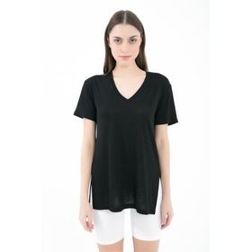 Comm-Ci Boel V Yaka Kısa Kollu Yandan Yırtmaçlı Siyah Kadın T-shirt