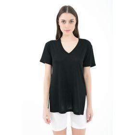 Comm-Ci Boel V Yaka Kısa Kollu Yandan Yırtmaçlı Siyah Kadın T-shirt