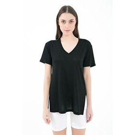 Comm-Ci Boel V Yaka Kısa Kollu Yandan Yırtmaçlı Siyah Kadın T-shirt