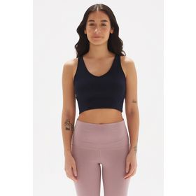 Comm-Ci Ceres Ribanalı Organik Pamuk V Yaka Örme Lacivert Kadın Crop T-shirt
