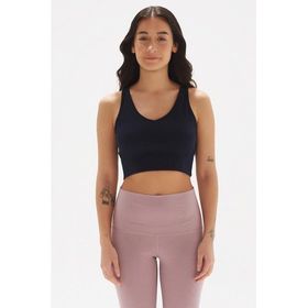 Comm-Ci Ceres Ribanalı Organik Pamuk V Yaka Örme Lacivert Kadın Crop T-shirt