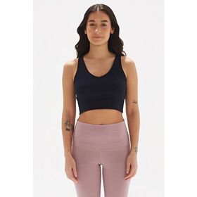 Comm-Ci Ceres Ribanalı Organik Pamuk V Yaka Örme Lacivert Kadın Crop T-shirt