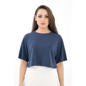 Comm-Ci Fabriel Kısa Kollu Rahat Kesim Örme Lacivert Kadın Crop T-shirt