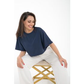 Comm-Ci Fabriel Kısa Kollu Rahat Kesim Örme Lacivert Kadın Crop T-shirt